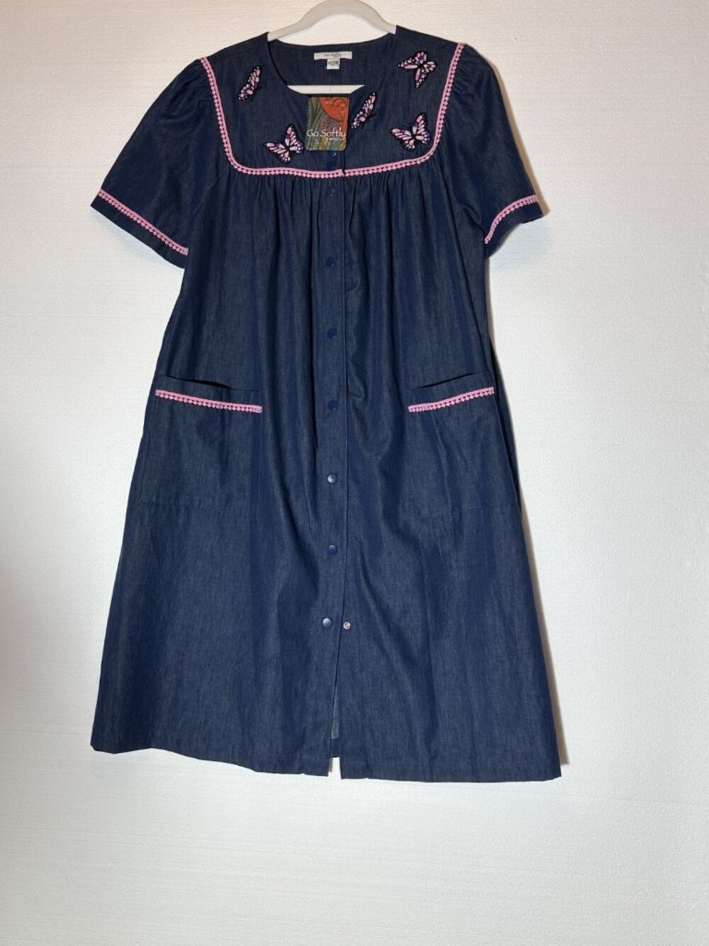 Go Softly NEW Cotton Chambray Patio House M Dress Embroidered Butterfly